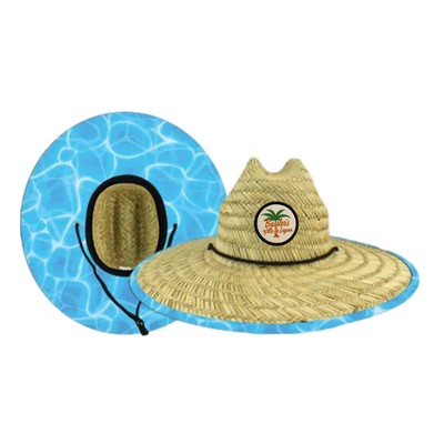 Domestic Swimming Pool Print Straw Hat w/Custom Patch