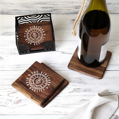 4 Pc. Acacia Wood Square Coaster Set with Black Metal Stand